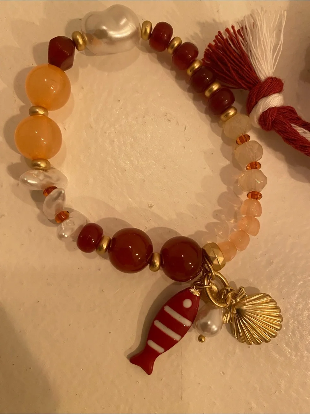 Nautical Red Beaded Charm & Braided Bracelet Set – New